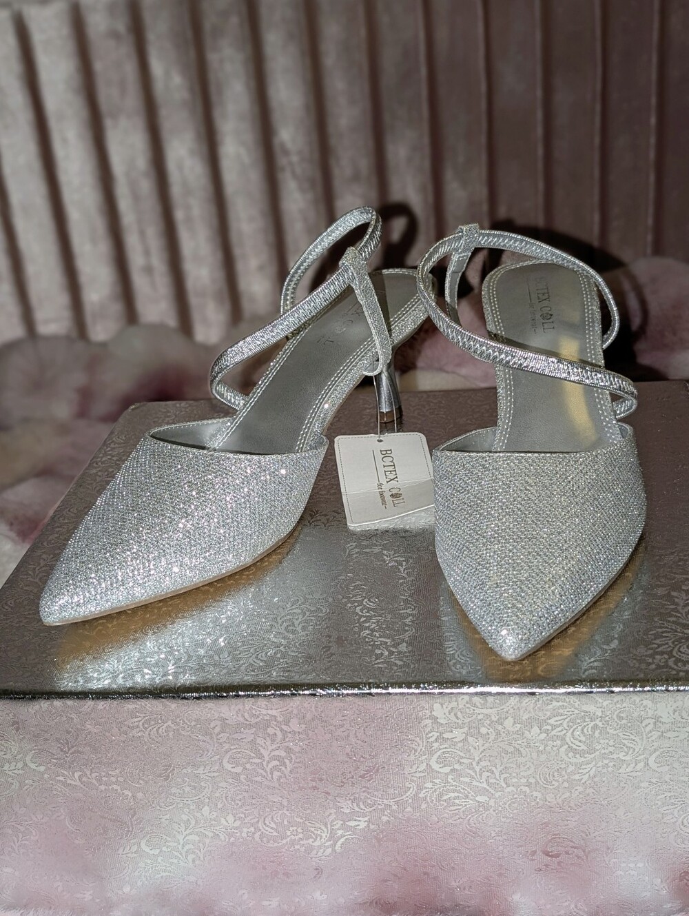 HOT Bctex Coll Silver Glitter Metallic Pointed Toe Slingback Kitten Heels Size 7